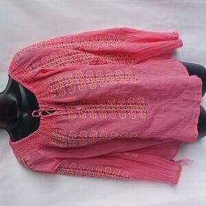 Tyler Boe Blouse Women's Size XS Coral Pink Embroidered Tunic, Semi-sheer